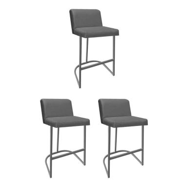 Imagem de Kit 03 Banquetas Com Encosto Noah Luxo Confort Bistrô Cozinha Ferro Cinza Corino Cinza - Amey Decor