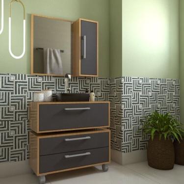 Imagem de Gabinete Para Banheiro Suspenso 80cm Alice Com Balcão 2 Gavetas E Espelheira Sem Cuba Mel/grafite