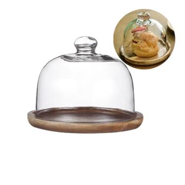 Imagem de Rikyo Cúpula De Vidro Para Sobremesas Com Base Madeira, Mini Suporte Bolo, Pratos Madeira Bandeja Frutas Cozinha, Aniversário, Casamento, Aperitivos E Queijos (Redondo - 12,7 Cm)