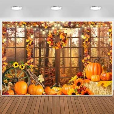 Imagem de Pano de fundo de colheita de outono, dia das bruxas, outono, cenário de festa de ação de amigos, folhas de bordo, folhas de bordo, girassol, palheiro, suprimentos de festa, adereços de faixa 3 x 2,4 m