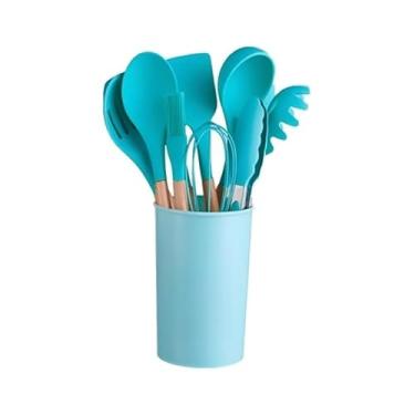 Imagem de Jogo de Cozinha Kit C/12 Peças de Silicone, Utensílios e Copo Suporte para Cozinha Cabo de Madeira(Verde Escuro)