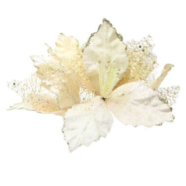 Imagem de Kit 4 Flores Com Cabo Artificial Decoração De Natal Com Glitter 22cm