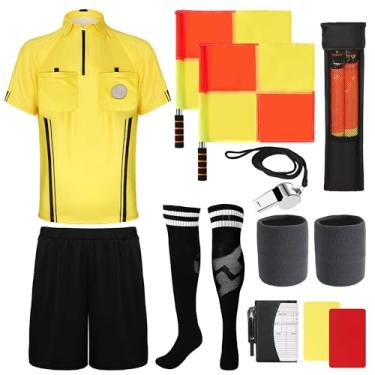 Imagem de INFLATJOY 7 peças de kit de árbitro de futebol masculino camisa de árbitro shorts cartas de árbitro cartas de árbitro apito meias bandeiras pulseira, Amarelo, G