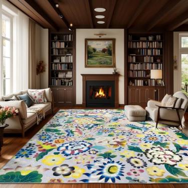 Imagem de Rofee Living Tapetes florais laváveis para sala de estar, tapetes macios e leves de 20 x 25 cm, antiderrapante, resistente a manchas para quarto, sala de jantar, escritório (2,4 x 3 m, cinza