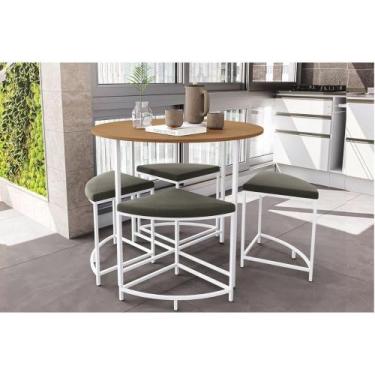 Imagem de Mesa de Sala Jantar LI038 c/ Tampo Madeirado 90 cm + 4 Banquetas Canel