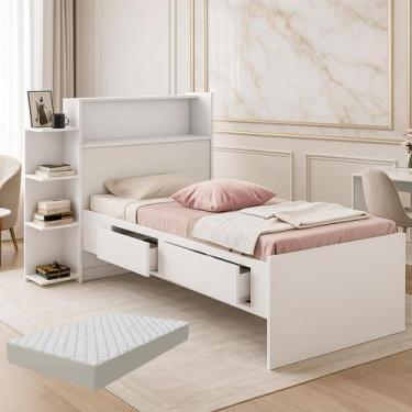 Imagem de Cama de Solteiro Isa com Prateleira e Gavetas Bau, Cama com Colchão - 