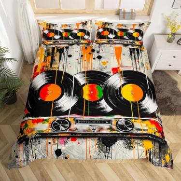 Imagem de jejeloiu Capa de edredom de vinil retrô 83s Queen Size com notas musicais, toca-discos vintage, músico, decoração de quarto, macio para todas as estações, 3 peças, sem edredom