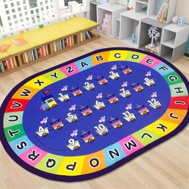 Imagem de USTIDE Tapete grande oval educativo infantil 1,8 x 2,8 m, letras do alfabeto ABC, números, trem, tapete educativo e divertido, tapete de área de aprendizagem antiderrapante para quarto, sala de jogos