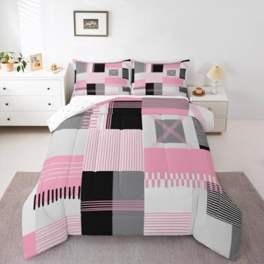 Imagem de Feelyou Conjunto de edredom geométrico rosa, tamanho casal, geométrico, listrado, feminino, masculino, ultramacio, decoração de quarto para todas as estações, respirável e leve