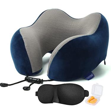 Imagem de Travesseiro de viagem, travesseiro de pescoço de viagem para dormir, 100% espuma de memória pura macia conforto e almofada de suporte para avião/carro/escritório e descanso de casa use azul