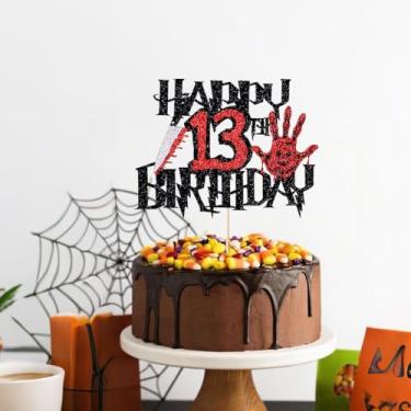 Imagem de Black Glitter Killer Happy 10th Birthday Cake Topper, Halloween Zombie Vampire Bloody Friday Birthday Decor, faca e máscara, glitter de um lado (Killer Happy Birthday, 13)