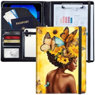 Imagem de Padfolio/Portfolio Folder Clipboard, African Butterflies Girl personalizado carteira de couro com currículo organizador de documentos tamanho carta A4 porta-cartões de visita para homens e mulheres