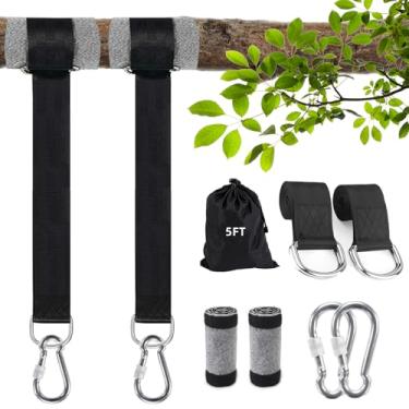Imagem de Kit com 2 tiras de pendurar para balanço de árvore de 1,5 m comporta 907 kg com gancho giratório e mosquetões, 2 tiras de balanço de árvore, 2 mosquetões de trava de parafuso resistentes, 2 protetores de árvore giratórios, portátil ou rede (preto)