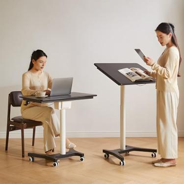 Imagem de Cttasty Mesa de computador ajustável, mesa dobrável de madeira maciça com rodas, mesa móvel para laptop, mesa de trabalho com suporte sentado, mesa com rodinhas, 72 cm A x 80 cm L x 40 cm P, preta