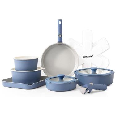 Imagem de Jogo de Panelas e Frigideiras Antiaderentes, Material em Alumínio com 17 Peças e Cabo Removível, SENSARTE, Azul