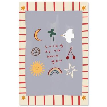 Imagem de WOFUPMY Boho Kids Wall Art Colorido Pássaro Fofo Pintura Pôsteres Afirmações Positivas Decoração de Parede Lucky Is To Have You Impressões em Tela para Sala de Jogos Quarto de Bebê 40,6 x 61 cm Sem