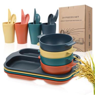 Imagem de MAQUITA Conjunto De Talheres Palha Trigo Com 24 Peças, Pratos Divididos Para Crianças E Bebês, Tigela Inquebrável, Lavável Em Micro-Ondas, Lava-Louças, Talheres, Colher, Faca, Garfo Xícara