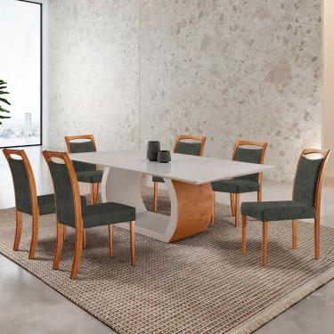 Imagem de Mesa Ellis 180cm Tampo Laqueado Com Vidro com 6 Cadeiras Munique - Jade /Off White/Imbuia Nat