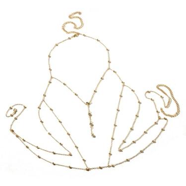 Imagem de AceFun Correntes de corpo sexy em ouro 14K para mulheres, strass, pérola, osso de peixe, cruzado, biquíni, sutiã para o corpo, joias, férias na praia, corrente de cintura e barriga, adjustable, Metal