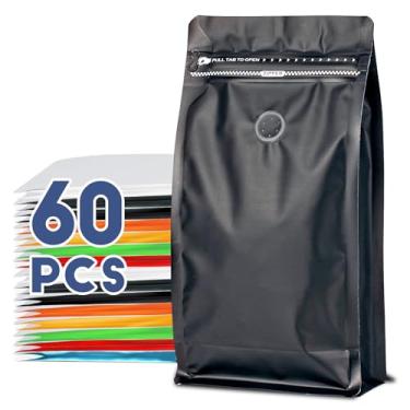 Imagem de Sacos de café com válvula (60 peças, 113 g, 0,1 kg) Sacos de embalagem de grãos de café ventilados de alta barreira, folha de alumínio, fundo plano, selado a calor, zíper lateral, saco de