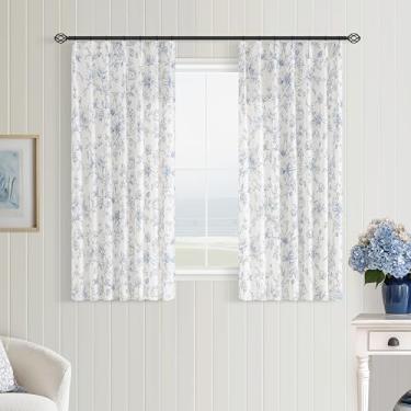 Imagem de Cortinas de linho com pregas florais azuis, 113 cm de comprimento, para cozinha, vintage, estampada, flor de peônia, filtragem de luz, boho, casa de fazenda, curta, semitransparente, 113 cm, cortina