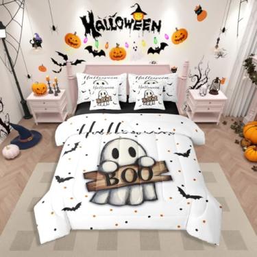 Imagem de Erosebridal Jogo de cama solteiro de Halloween, 7 peças, cama de fantasma fofo para crianças, morcegos pretos góticos, inclui edredom, conjunto de lençol, fronhas e fronhas, decoração de quarto de
