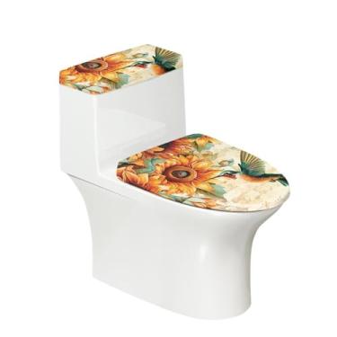 Imagem de GLENLCWE Substituição da tampa do vaso sanitário do beija-flor girassol, capas de vaso sanitário de poliéster elástico, conjunto de 2 peças de tampa de vaso sanitário e tampas de tanque para banheiro