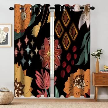 Imagem de Cortinas blackout florais vintage, boho, quinta, meados do século, folhas modernas, escurecimento, isolamento térmico, bloqueio de luz, drapeado para decoração de quarto e sala de estar, 130 x 213 cm