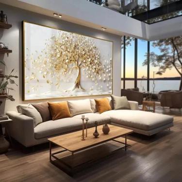 Imagem de Quadro Decorativo Arvore da Vida Com Folhas Douradas e Fundo Branco Mo