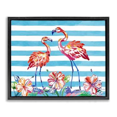 Imagem de Stupell Industries Arte de parede em tela flutuante com moldura preta de flamingos escovados e hibiscos por Paul Brent, 43 x 53 cm
