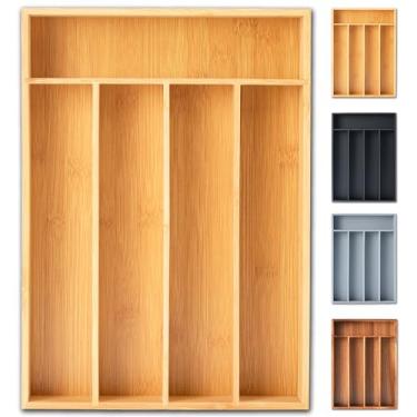 Imagem de Organizador de talheres, organizador de utensílios de 25 cm, organizador de gaveta de cozinha, suporte de talheres de bambu, bandeja organizadora de talheres na gaveta (5 compartimentos, natural)