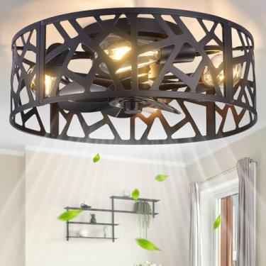 Imagem de Wheatronic Ventilador de teto com gaiola de 45,7 cm com luz vintage preta, ventilador de teto com luzes e controle remoto, ventiladores de teto de fazenda para quarto, cozinha, sala de estar