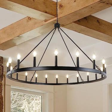 Imagem de WBinDX Lustre de roda de vagão preto grande de 117 cm, lustre de casa de fazenda com 20 luzes, luminária suspensa redonda, luz de teto industrial para tetos altos, sala de jantar, entrada