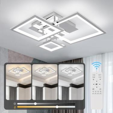Imagem de HLILCEH Luz de teto LED cromada moderna design 3-quadrado 3000K-6500K luz de teto LED regulável com controle remoto 33W luminária de teto acrílico para quarto, cozinha, sala de jantar, escritório