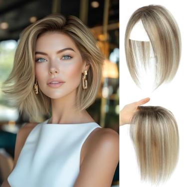 Imagem de BUTYWAY Toppers de cabelo para mulheres, cabelo humano real, 25 cm, 7 x 10 cm, base suíça, clipe para parte do meio, para mulheres, ombré, marrom claro com loiro
