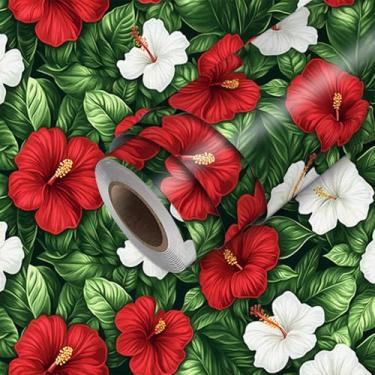Imagem de HOMETITUTE Papel de parede de hibisco descasque e cole vermelho e branco flor de malva papel de parede bastão de papel de parede 300 cm x 45 cm cobertura de parede de vinil autoadesivo para sala de