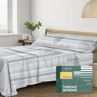 Imagem de THREAD SPREAD Lençóis Queen com estampa 100% algodão orgânico – Conjunto Queen de 4 peças de lençóis de percal de algodão orgânico (listras pontilhadas), lençol refrescante e respirável, roupa de cama