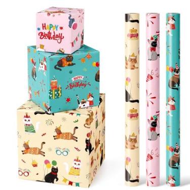 Imagem de Rolos de papel de embrulho WERNNSAI Cat Happy Birthday x3
