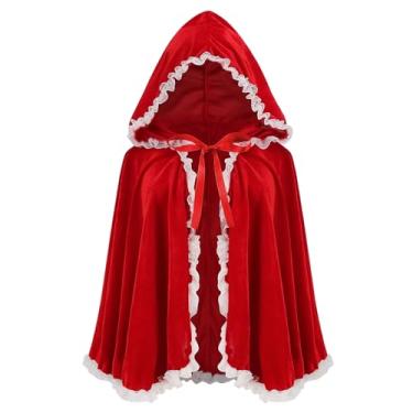 Imagem de Yinbwol Capa feminina de fantasia de chapeuzinho vermelho, Halloween, Natal, cosplay, festa, veludo, fantasia vermelha, Renda vermelha e branca, 60cm/23.62inch