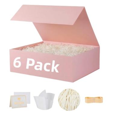 Imagem de UoeRing Pacote com 6 caixas de presente rosa 29 x 20 x 10 cm caixa de presente luxuosa para presentes com tampa magnética dobrável, pedido de dama de honra, contém cartão, fita, papel de seda