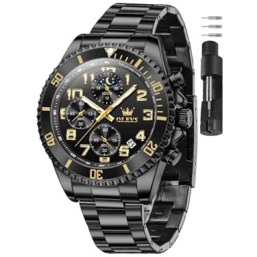 Imagem de OLEVS Relógios masculinos de aço inoxidável com cronógrafo, mostrador grande, à prova d'água, luxuoso, moderno, azul/preto/dourado/verde/prata Relojes para Hombres, Todo preto, Round, Relógio