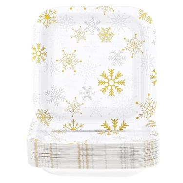 Imagem de 50 peças de pratos de papel de floco de neve de Natal, 23 cm, ouro, prata, floco de neve, descartáveis, pratos de sobremesa, decorações de festa de Natal, Natal, inverno, neve, aniversário, festa de
