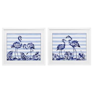 Imagem de Stupell Industries Conjunto de 2 peças com estampa emoldurada branca de flamingos e listras pinceladas sob vidro, design de Paul Brent, 33 x 40 cm
