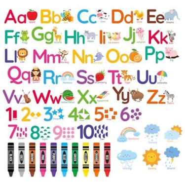 Imagem de Adesivos de parede do alfabeto para quarto de crianças, 55 peças educacionais números ABC decoração de sala de aula de animais, decalques transparentes removíveis de aprendizagem para paredes de