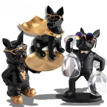 Imagem de Escultura Decorativa Enfeite Bulldog Cachorro Com Bandeja e Óculos Porta Taças Objeto Cofre Decoração(Kit 3 pçs (3176 + 4101 + 4095))
