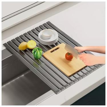 Imagem de EHERDM Escorredor de louça enrolado sobre a pia de alumínio rolável para balcão de pia escorredor de pratos atualizado tábua de corte multifuncional para cozinha 55 x 30 cm