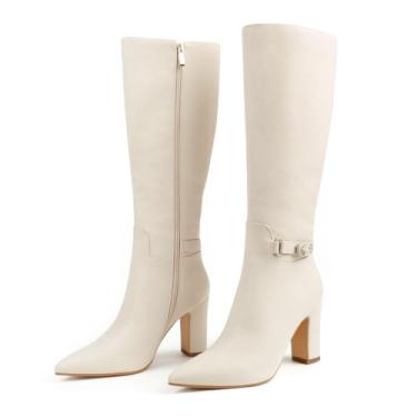 Imagem de JOY IN LOVE Botas de cano alto femininas de cano alto enrugadas e despojadas com zíper, Fosco branco (estilo fivela), 40