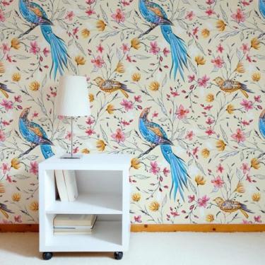 Imagem de ESSMOKO Papel de parede colorido planta flor hidrosol papel de parede sala de estar quarto escritório decoração de fundo adesivo de parede pavão flor de pêssego 45 * 600 cm