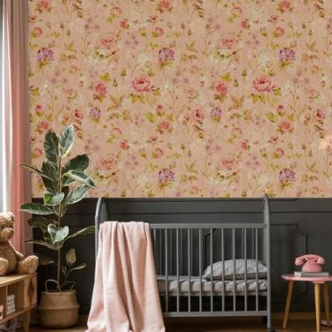 Imagem de ESSMOKO Papel de parede colorido planta flor hidrosol papel de parede sala de estar quarto escritório decoração de fundo adesivo de parede rosa claro 45 * 600 cm