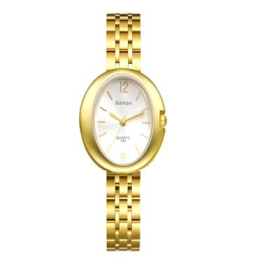 Imagem de JewelryWe Relógio feminino oval dourado: barra de numerais arábicos, mostrador sunburst, pulseira de aço inoxidável, relógios delicados, relógio de pulso analógico de quartzo, Branco